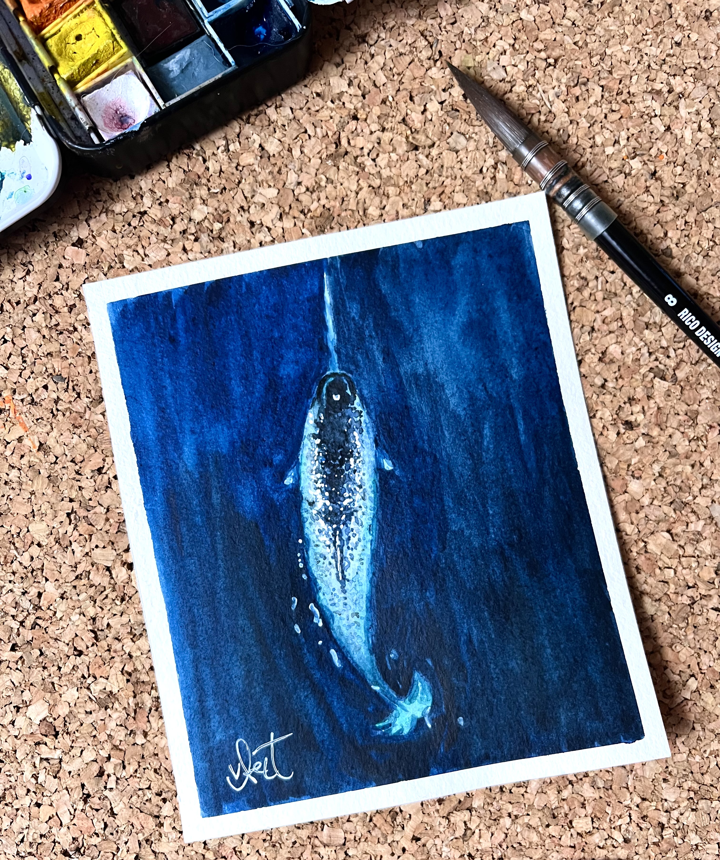 Narwal im Ozean - handgemalt