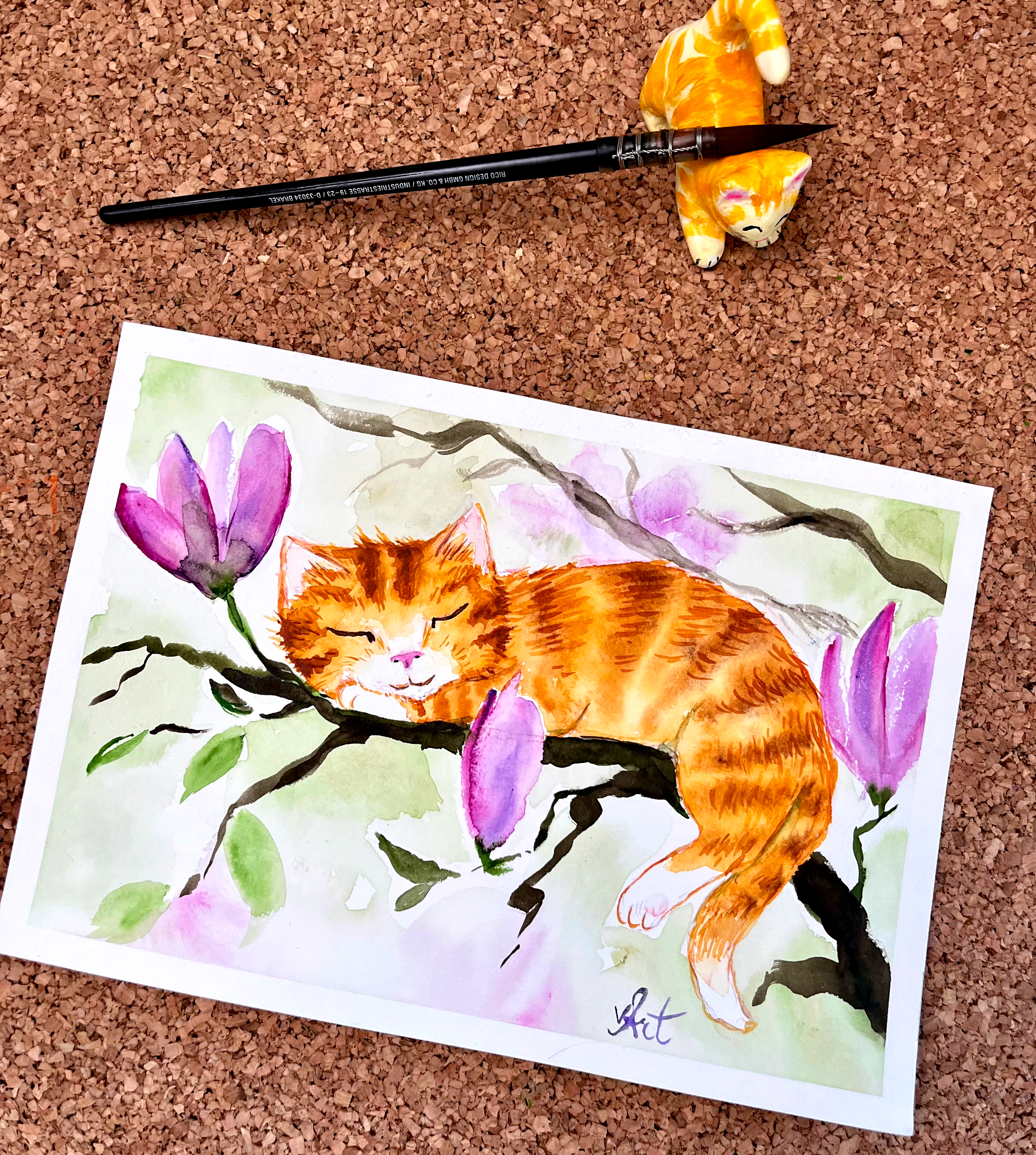 Katze in Magnolienblüten - Aquarell, handgemalt