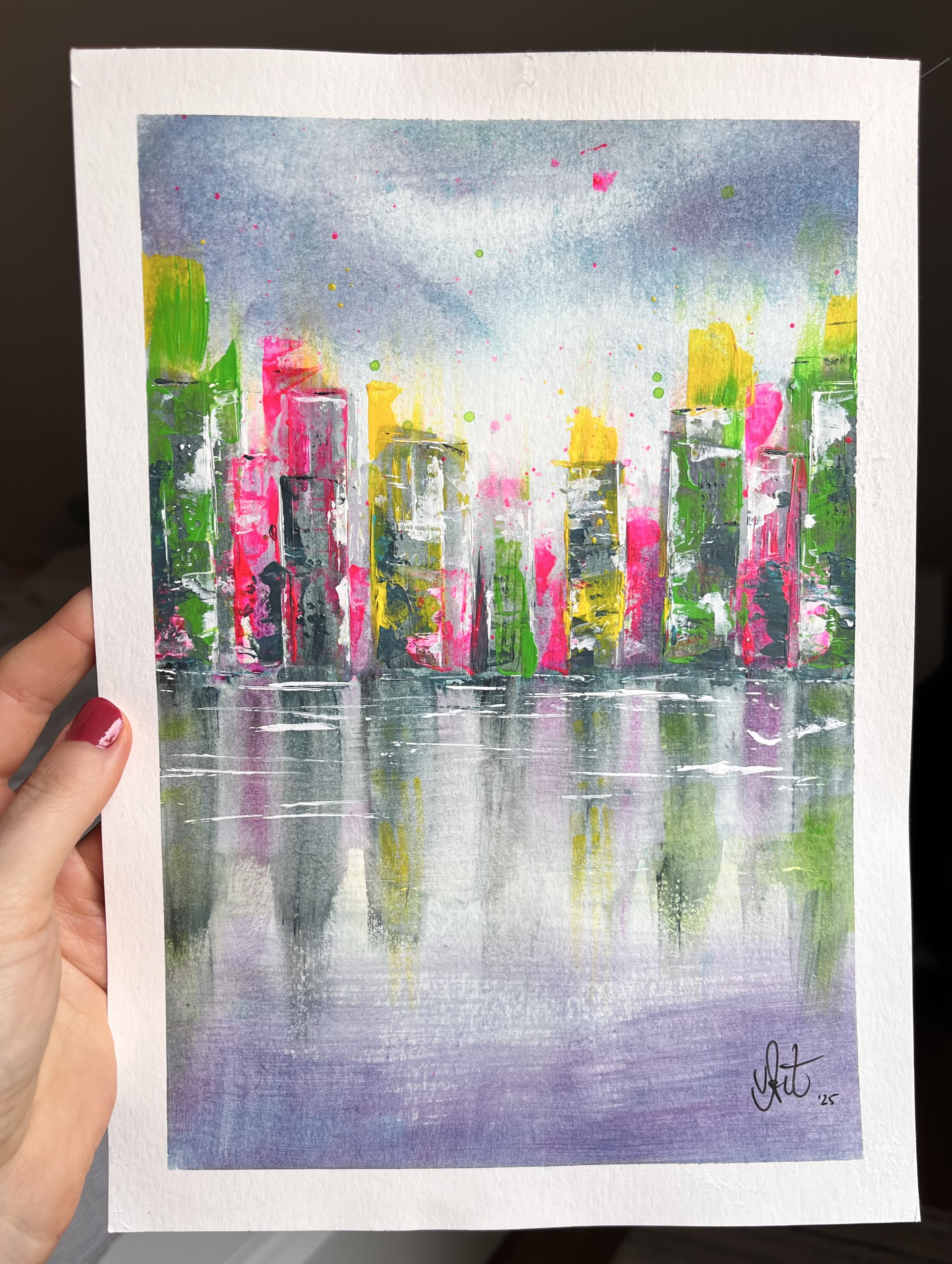 Neonstadt im Regen - Acryl handgemalt